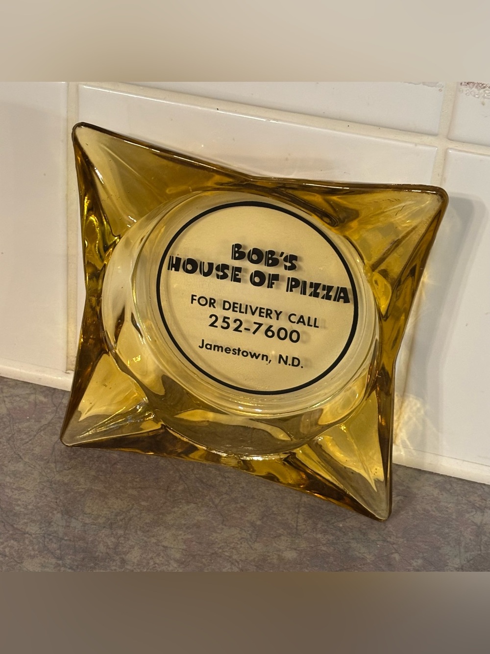 70's "Bob's House of Pizza" Gold Glass Ashtray - Jamestown North Dakota Souvenir